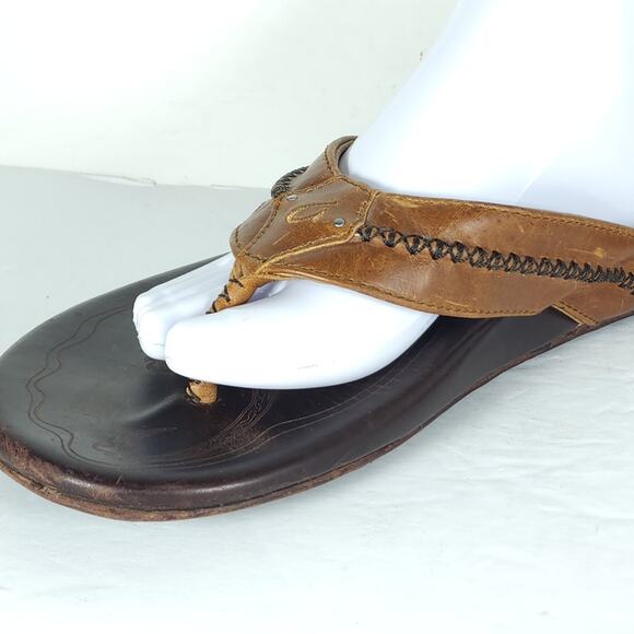 Olukai Men\'s Mea Ola US12 Brown Leather Embroidered Slip On Flat Thong Sandals main image 9